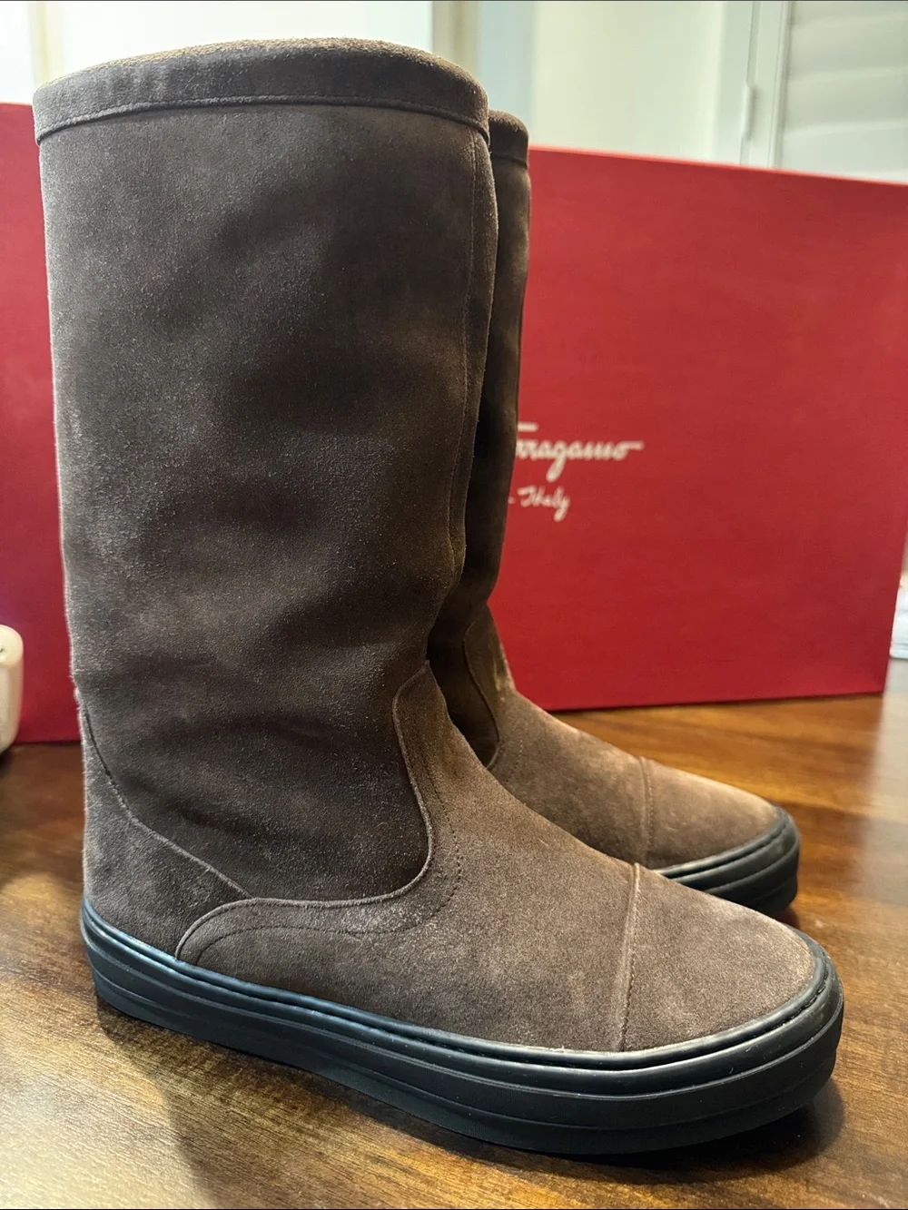 Salvatore Ferragamo Lucio Brown Suede Mid-Calf Boots with Black Sole